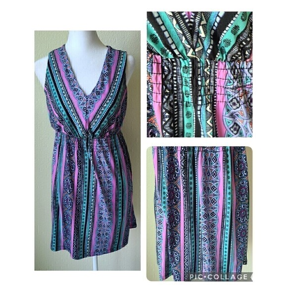 Soma Live Lounge Wear Tunic XS Top Teal Pink Medallion V Neck Sleeveless Smocked - Picture 1 of 12